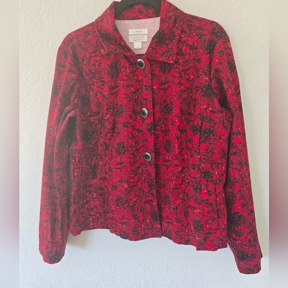 Christopher & Banks Blazer Jacket Women Sz L Red Black Floral Button Up … - Picture 3 of 15